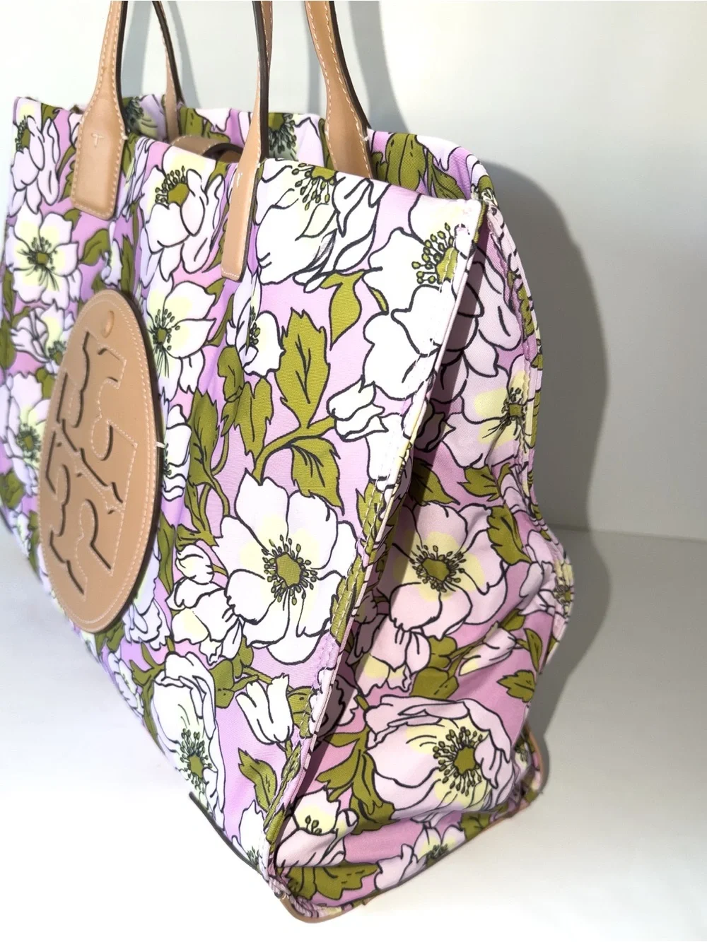 Tory Burch Ella Pink Floral Print Tote with Tan Leather Logo Laptop Sleeve